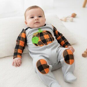 Halloween Buffalo Plaid Pumpkin Baby Romper 3–6M